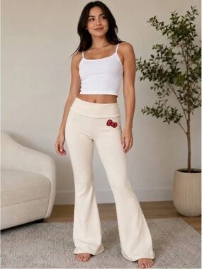 Cream Flared Lounge Pants with Red Bow Accent Hello Kitty